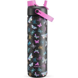 imagePOWCAN 26 oz Insulated Water Bottle with 2in1 Straw and Spout Lid Keep Cold 24H LeakProof Fits in Car Cup Holder Stainless Steel Water Bottle for Sports Travel and School Cotton CandyButterfly Kaleido