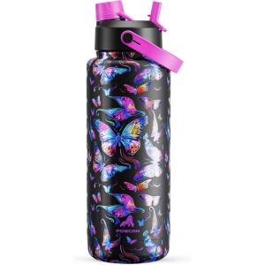 imagePOWCAN 26 oz Insulated Water Bottle with 2in1 Straw and Spout Lid Keep Cold 24H LeakProof Fits in Car Cup Holder Stainless Steel Water Bottle for Sports Travel and School Cotton CandyButterfly Waltz