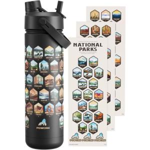 imagePOWCAN 26 oz Insulated Water Bottle with 2in1 Straw and Spout Lid Keep Cold 24H LeakProof Fits in Car Cup Holder Stainless Steel Water Bottle for Sports Travel and School Cotton CandyNational Park  Black