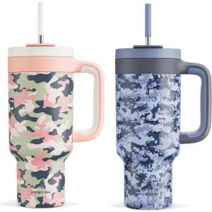 imagePOWCAN 40 oz Camo Tumbler with Handle 2in1 Straw and Sip Lid Leakproof Dishwasher Safe Insulated Travel Coffee Mug Keeps Cold for 34 Hours Fits in Car Cupholder Rose Dappled ampamp Navy Digital