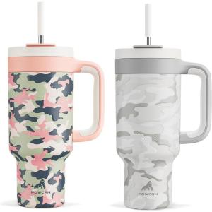 imagePOWCAN 40 oz Camo Tumbler with Handle 2in1 Straw and Sip Lid Leakproof Dishwasher Safe Insulated Travel Coffee Mug Keeps Cold for 34 Hours Fits in Car Cupholder Clouded Aspen ampamp Rose Dappled