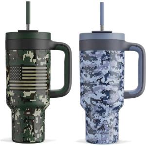 imagePOWCAN 40 oz Camo Tumbler with Handle 2in1 Straw and Sip Lid Leakproof Dishwasher Safe Insulated Travel Coffee Mug Keeps Cold for 34 Hours Fits in Car Cupholder Woodland Flag ampamp Navy Digital