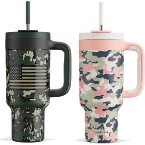 imagePOWCAN 40 oz Camo Tumbler with Handle 2in1 Straw and Sip Lid Leakproof Dishwasher Safe Insulated Travel Coffee Mug Keeps Cold for 34 Hours Fits in Car Cupholder Woodland Flag ampamp Rose Dappled