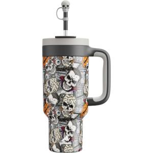 imagePOWCAN 40 oz Halloween Tumbler with Handle 2in1 Straw Lid Leakproof Dishwasher Safe Insulated Stainless Steel Travel Coffee Mug Keeps Cold for 34 Hours Fits in Car Cup Holder Death Party