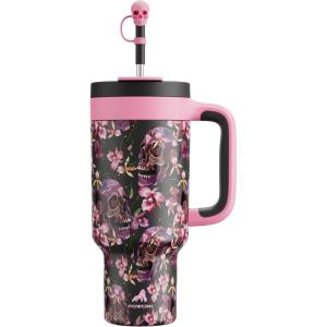 imagePOWCAN 40 oz Halloween Tumbler with Handle 2in1 Straw Lid Leakproof Dishwasher Safe Insulated Stainless Steel Travel Coffee Mug Keeps Cold for 34 Hours Fits in Car Cup Holder Floral Skull