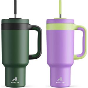 imagePOWCAN 40 oz Tumbler with Handle 2 Pack 2in1 Straw ampamp Sip Lid Leakproof Dishwasher Safe Insulated Stainless Steel Coffee Mug Keeps Cold for 34 Hours Fits in Car Cup HolderForest ampamp Wisteria