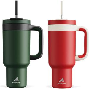 imagePOWCAN 40 oz Tumbler with Handle 2 Pack 2in1 Straw ampamp Sip Lid Leakproof Dishwasher Safe Insulated Stainless Steel Coffee Mug Keeps Cold for 34 Hours Fits in Car Cup HolderForest ampamp Passion
