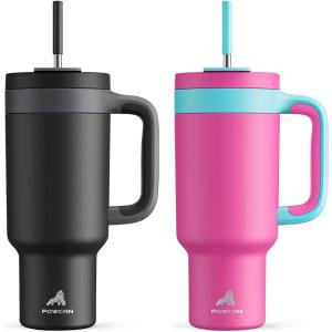 imagePOWCAN 40 oz Tumbler with Handle 2 Pack 2in1 Straw ampamp Sip Lid Leakproof Dishwasher Safe Insulated Stainless Steel Coffee Mug Keeps Cold for 34 Hours Fits in Car Cup HolderMight ampamp Barbie