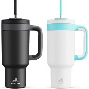 imagePOWCAN 40 oz Tumbler with Handle 2 Pack 2in1 Straw ampamp Sip Lid Leakproof Dishwasher Safe Insulated Stainless Steel Coffee Mug Keeps Cold for 34 Hours Fits in Car Cup HolderMight ampamp Glacier