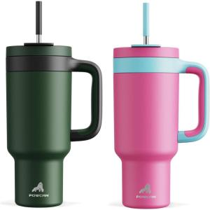 imagePOWCAN 40 oz Tumbler with Handle 2 Pack 2in1 Straw ampamp Sip Lid Leakproof Dishwasher Safe Insulated Stainless Steel Coffee Mug Keeps Cold for 34 Hours Fits in Car Cup HolderForest ampamp Barbie