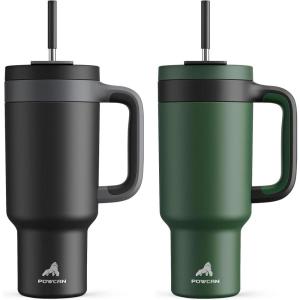 imagePOWCAN 40 oz Tumbler with Handle 2 Pack 2in1 Straw ampamp Sip Lid Leakproof Dishwasher Safe Insulated Stainless Steel Coffee Mug Keeps Cold for 34 Hours Fits in Car Cup HolderMight ampamp Forest