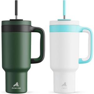 imagePOWCAN 40 oz Tumbler with Handle 2 Pack 2in1 Straw ampamp Sip Lid Leakproof Dishwasher Safe Insulated Stainless Steel Coffee Mug Keeps Cold for 34 Hours Fits in Car Cup HolderForest ampamp Glacier