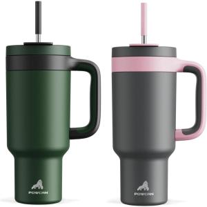 imagePOWCAN 40 oz Tumbler with Handle 2 Pack 2in1 Straw ampamp Sip Lid Leakproof Dishwasher Safe Insulated Stainless Steel Coffee Mug Keeps Cold for 34 Hours Fits in Car Cup HolderForest ampamp Rebellion