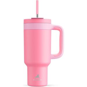 imagePOWCAN 40 oz Tumbler with Handle 2in1 Straw and Sip Lid Leakproof Dishwasher Safe Insulated Stainless Steel Travel Coffee Mug Keeps Cold for 34 Hours Fits in Car Cup Holder AgaveCoral