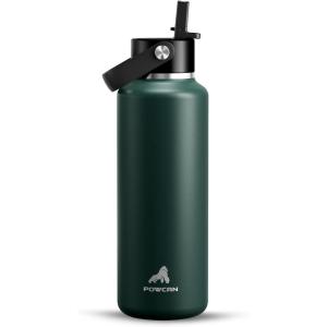 imagePOWCAN 24 oz Slim Insulated Water Bottle with Straw Leakproof Keep Cold 24H Cupholder Friendly Top Handle BPAfree Stainless Steel Water Bottle for Sport Travel School Gym Midnight BlackFir Green