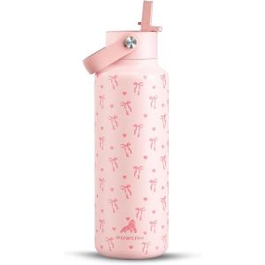 imagePOWCAN 24 oz Slim Insulated Water Bottle with Straw Leakproof Keep Cold 24H Cupholder Friendly Top Handle BPAfree Stainless Steel Water Bottle for Sport Travel School Gym Midnight BlackSweetheart Bow