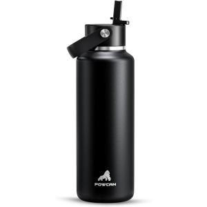 imagePOWCAN 24 oz Slim Insulated Water Bottle with Straw Leakproof Keep Cold 24H Cupholder Friendly Top Handle BPAfree Stainless Steel Water Bottle for Sport Travel School Gym Midnight BlackMidnight Black
