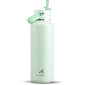 imagePOWCAN 24 oz Slim Insulated Water Bottle with Straw Leakproof Keep Cold 24H Cupholder Friendly Top Handle BPAfree Stainless Steel Water Bottle for Sport Travel School Gym Midnight BlackMint Dew