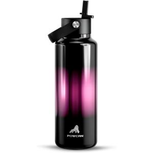 imagePOWCAN 24 oz Slim Insulated Water Bottle with Straw Leakproof Keep Cold 24H Cupholder Friendly Top Handle BPAfree Stainless Steel Water Bottle for Sport Travel School Gym Midnight BlackNeon Night