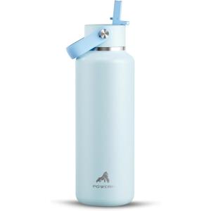 imagePOWCAN 24 oz Slim Insulated Water Bottle with Straw Leakproof Keep Cold 24H Cupholder Friendly Top Handle BPAfree Stainless Steel Water Bottle for Sport Travel School Gym Midnight BlackSea Breeze