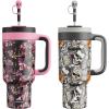 image40 oz Tumbler with Handle 2 Pack 2in1 Straw amp Sip Lid Leakproof Dishwasher Safe Insulated Stainless Steel Coffee Mug Keeps Cold for 34 Hours Fits in Car Cup HolderFloral Skull amp Death Party