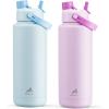 imagePOWCAN 40 oz Insulated Water Bottle 2 Pack 2in1 Straw and Spout Lid Keep Cold 24H LeakProof Double Wall Stainless Steel Water Bottle for Sports Gym Travel Sea Breeze amp Misty Lilac