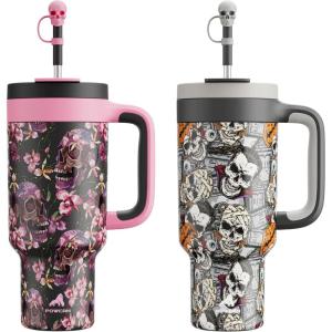 image40 oz Tumbler with Handle 2 Pack 2in1 Straw amp Sip Lid Leakproof Dishwasher Safe Insulated Stainless Steel Coffee Mug Keeps Cold for 34 Hours Fits in Car Cup HolderFloral Skull amp Death Party