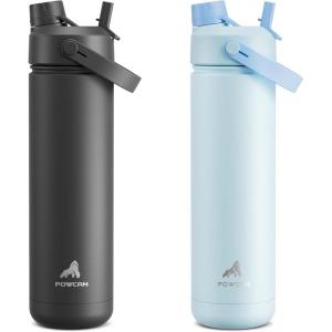 imagePOWCAN 26 oz Insulated Water Bottle 2 Pack Keep Cold 24H LeakProof Fits in Car Cup Holder Stainless Steel Water Bottle for Sports Travel and School Dark Knight and Sea Breeze