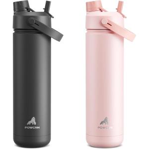 imagePOWCAN 26 oz Insulated Water Bottle 2 Pack Keep Cold 24H LeakProof Fits in Car Cup Holder Stainless Steel Water Bottle for Sports Travel and School Dark Knight and Cotton Candy