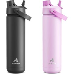 imagePOWCAN 26 oz Insulated Water Bottle 2 Pack Keep Cold 24H LeakProof Fits in Car Cup Holder Stainless Steel Water Bottle for Sports Travel and School Dark Knight and Misty Lilac