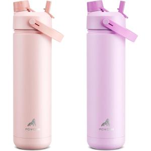 imagePOWCAN 26 oz Insulated Water Bottle 2 Pack Keep Cold 24H LeakProof Fits in Car Cup Holder Stainless Steel Water Bottle for Sports Travel and School Misty Lilac and Cotton Candy