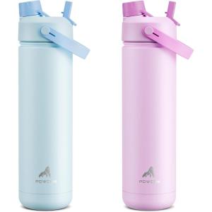 imagePOWCAN 26 oz Insulated Water Bottle 2 Pack Keep Cold 24H LeakProof Fits in Car Cup Holder Stainless Steel Water Bottle for Sports Travel and School Sea Breeze and Misty Lilac