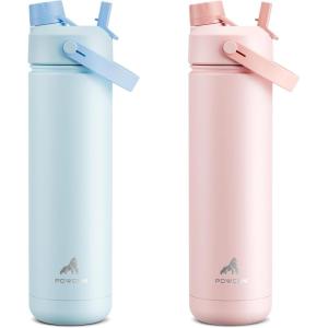 imagePOWCAN 26 oz Insulated Water Bottle 2 Pack Keep Cold 24H LeakProof Fits in Car Cup Holder Stainless Steel Water Bottle for Sports Travel and School Sea Breeze and Cotton Candy