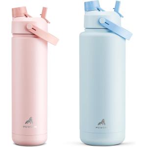 imagePOWCAN 26 oz and 40 oz Insulated Water Bottle 2 Pack 2in1 Straw and Spout Lid Keep Cold 24H LeakProof BPAFree only 26 oz Fits in Car Cup Holder Cotton Candy and Sea Breeze