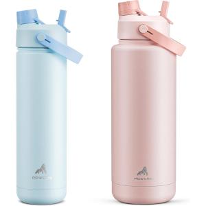 imagePOWCAN 26 oz and 40 oz Insulated Water Bottle 2 Pack 2in1 Straw and Spout Lid Keep Cold 24H LeakProof BPAFree only 26 oz Fits in Car Cup Holder Sea Breeze and Cotton Candy