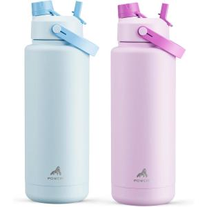 imagePOWCAN 40 oz Insulated Water Bottle 2 Pack 2in1 Straw and Spout Lid Keep Cold 24H LeakProof Double Wall Stainless Steel Water Bottle for Sports Gym Travel Sea Breeze amp Misty Lilac