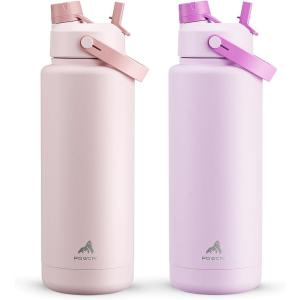 imagePOWCAN 40 oz Insulated Water Bottle 2 Pack 2in1 Straw and Spout Lid Keep Cold 24H LeakProof Double Wall Stainless Steel Water Bottle for Sports Gym Travel Cotton Candy amp Misty Lilac