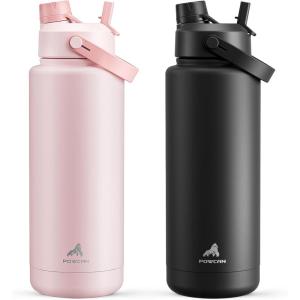 imagePOWCAN 40 oz Insulated Water Bottle 2 Pack 2in1 Straw and Spout Lid Keep Cold 24H LeakProof Double Wall Stainless Steel Water Bottle for Sports Gym Travel Cotton Candy amp Dark Knight